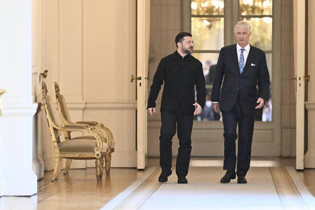 Ukraine president Volodymyr Zelensky, King Philippe - Filip of Belgium and pictured before a lunch at the Royal Palace, on Thursday 18 June 2026 in Brussels.  ERICxLALMAND 178036846