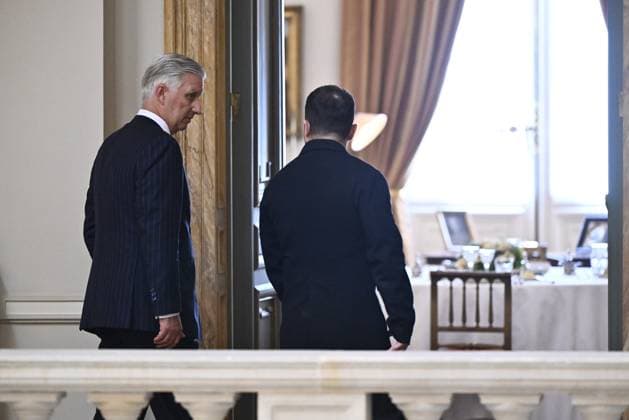 Ukraine president Volodymyr Zelensky, King Philippe - Filip of Belgium and pictured during a lunch at the Royal Palace, on Thursday 18 June 2026 in Brussels.  ERICxLALMAND 178038919