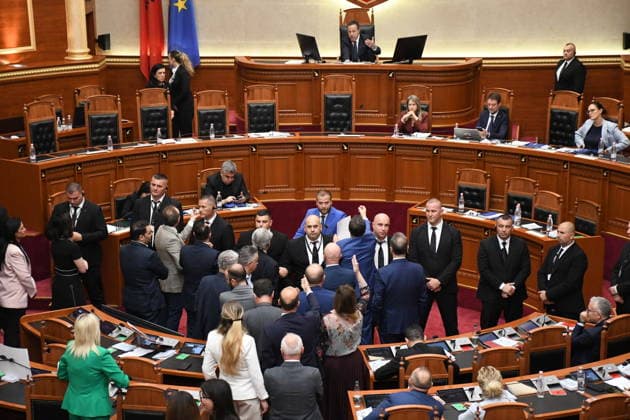 Opposition MPs in Albania block the parliamentary podium TIRANA, ALBANIA - JUNE 18: A view from the session of the Albanian Parliament as it is interrupted several times after MPs from the main opposition party, the Democratic Party (PD), block the podium in Tirana, Albania on June 18, 2026. The agenda for the parliamentary session included a briefing by Ferit Hoxha, Minister for European and Foreign Affairs, on the country’s accession negotiations with the European Union (EU), and the discussion of several draft laws. After Parliamentary Speaker Niko Peleshi gave the floor to Minister Hoxha, PD MPs blocked the podium, demanding that the floor be given to the party’s leader, Sali Berisha. Olsi Shehu Anadolu Tirana Albania. Editorial use o  Copyright: x2026xAnadoluxOlsixShehux