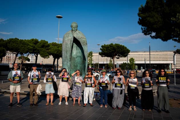 June 18, 2026, Rome, Rm, Italy: Amnesty International launches a permanent national mobilization with protests across Italy in support of the 10 people from the Global Sumud Land Convoy who have been held captive in Libya for 24 days. In Rome, activists gather in the square in front of Termini Station, near the statue of Pope John Paul II. Rome Italy - ZUMAg256 20260618_znp_g256_003 Copyright: xMarcoxDixGianvitox