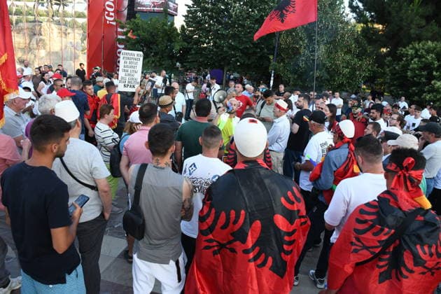 Anti-tourism project protests continue for 19th day in Albania TIRANA, ALBANIA - JUNE 18: Protests against a planned tourism project in the Zvernec area of the coastal city of Vlora continue for a 19th consecutive day in Tirana, Albania on June 18, 2026. Demonstrators gathered in Skanderbeg Square under the slogan Albania is not for sale, with a large number of participants joining the rally. Protesters opposed the reported sale of a beach in Zvernec as part of a tourism project allegedly linked to Ivanka Trump and Jared Kushner. Carrying banners, placards, and Albanian flags, demonstrators marched along the Boulevard of the Martyrs of the Nation toward the Prime Minister’s Office. Olsi Shehu Anadolu Tirana Albania. Editorial use only.  Copyright: x2026xAnadoluxOlsixShehux