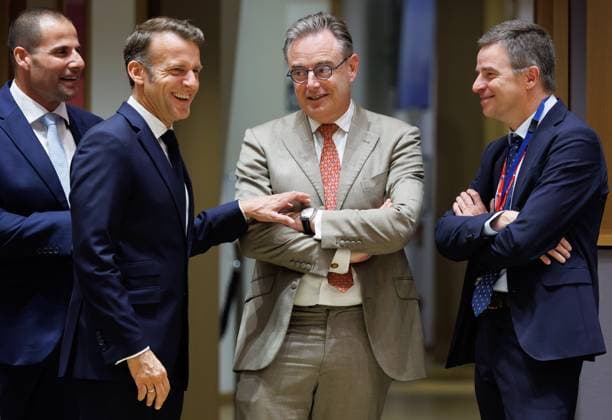 Malta s Prime Minister Robert Abela, French President Emmanuel Macron, Belgian Prime Minister Bart De Wever and Director General for General and Institutional Policy Didier Seeuws pictured during a European Council Summit, Friday 19 June 2026, at the Council of the European Union, in Brussels.  BENOITxDOPPAGNE 178229660