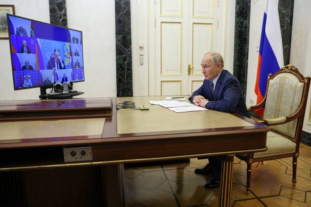 RUSSIA, MOSCOW - JUNE 19, 2026: Russia s President Vladimir Putin is seen in his office in the Kremlin during a videoconference meeting of standing members of Russia s Security Council. Vyacheslav Prokofyev TASS  94014324