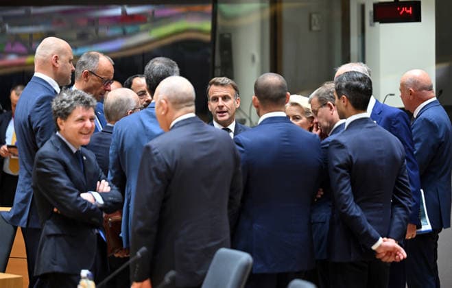 European Union Leaders’ Summit in Brussels BRUSSELS, BELGIUM - JUNE 19: French President Emmanuel Macron (C), German Chancellor Friedrich Merz, Latvian Prime Minister Andris Kulbergs, and Romanian President Nicusor Dan (L) attend the European Union (EU) Leaders’ Summit continues on its second day in Brussels, the capital of Belgium, on June 19, 2026. Dursun Aydemir Anadolu Brussels Belgium. Editorial use only. Please get in touch for any other usage.  Copyright: x2026xAnadoluxDursunxAydemirx