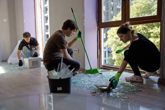 Volunteers Remove Debris at Dovzhenko Film Studio in Kyiv Volunteers pick up glass shards in a building at the Oleksandr Dovzhenko National Film Studio after the Russian strike, Kyiv, Ukraine, June 19, 2026. The studio sustained considerable damage during the large-scale Russian missile and drone attack on the capital on June 15. The costume shop, which housed the largest and oldest costume collection in Ukraine, suffered the most destruction. Its storage contained around 100,000 costumes created for films across different decades, as well as approximately three million pieces of props. Other buildings of the film studio were also damaged. Photo by Marianna Kotyk Ukrinform ABACAPRESS.COM Kyiv Ukraine  Copyright: xUkrinform ABACAx