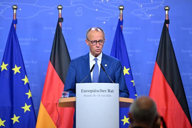German Chancellor Merz holds press conference after EU Summit BRUSSELS, BELGIUM - JUNE 19: German Chancellor Friedrich Merz holds a press conference after the European Union Leaders Summit in Brussels, Belgium on June 19, 2026. Dursun Aydemir Anadolu Brussels Belgium. Editorial use only. Please get in touch for any other usage.  Copyright: x2026xAnadoluxDursunxAydemirx