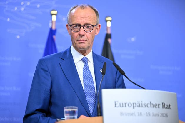 German Chancellor Merz holds press conference after EU Summit BRUSSELS, BELGIUM - JUNE 19: German Chancellor Friedrich Merz holds a press conference after the European Union Leaders Summit in Brussels, Belgium on June 19, 2026. Dursun Aydemir Anadolu Brussels Belgium. Editorial use only. Please get in touch for any other usage.  Copyright: x2026xAnadoluxDursunxAydemirx