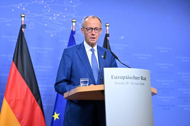 German Chancellor Merz holds press conference after EU Summit BRUSSELS, BELGIUM - JUNE 19: German Chancellor Friedrich Merz holds a press conference after the European Union Leaders Summit in Brussels, Belgium on June 19, 2026. Dursun Aydemir Anadolu Brussels Belgium. Editorial use only. Please get in touch for any other usage.  Copyright: x2026xAnadoluxDursunxAydemirx