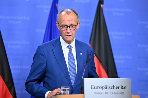 German Chancellor Merz holds press conference after EU Summit BRUSSELS, BELGIUM - JUNE 19: German Chancellor Friedrich Merz holds a press conference after the European Union Leaders Summit in Brussels, Belgium on June 19, 2026. Dursun Aydemir Anadolu Brussels Belgium. Editorial use only. Please get in touch for any other usage.  Copyright: x2026xAnadoluxDursunxAydemirx