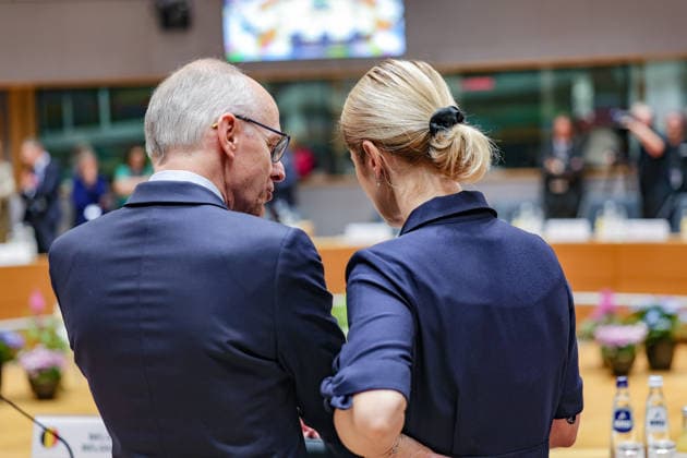 June 19, 2026, Brussels, Belgium, European Union: LUC FRIEDEN, Prime Minister of Luxembourg, speaks with KAJA KALLAS, High Representative of the European Union for Foreign Affairs and Security Policy and Vice-President of the European Commission, speak closely inside the European Council ahead of the roundtable session on the second and final day of the summit in Brussels. Brussels European Union - ZUMAo116 20260619_znp_o116_080 Copyright: xBiancaxOterox