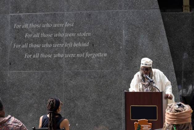 June 19, 2026, New York, New York, USA: A Juneteenth National Independence Day celebration at the African Burial Ground National Monument in Lower Manhattan includes music and dance performances and speakers. CYRIL INNIS JR. speaks. The outdoor memorial at the burial ground reads For all those who were lost For all those who were stolen For all those who were left behind For all those who were not forgotten. The African Burial Ground is the oldest and largest known excavated burial site in North America for both free and enslaved Africans. New York USA - ZUMAr174 20260619_znp_r174_001 Copyright: xGinaxMxRandazzox