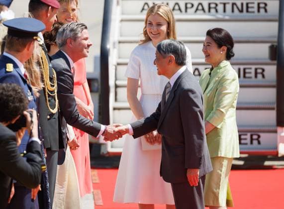 Ambassador of Belgium to Japan, Antoine Evrard,Crown Princess Elisabeth, Japanese Emperor Naruhito and Japanese Empress Masako pictured during the arrival at Melsbroek military airport for an official state visit of the Japanese Emperor and Empress to Belgium, on Saturday 20 June 2026, in Brussels. The Emperor and Empress of Japan visit Belgium from June 20-25.  BENOITxDOPPAGNE 178459052
