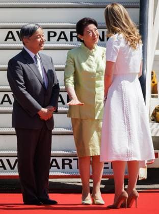 Japanese Emperor Naruhito, Japanese Empress Masako and Crown Princess Elisabeth pictured during the arrival at Melsbroek military airport for an official state visit of the Japanese Emperor and Empress to Belgium, on Saturday 20 June 2026, in Brussels. The Emperor and Empress of Japan visit Belgium from June 20-25.  BENOITxDOPPAGNE 178464182