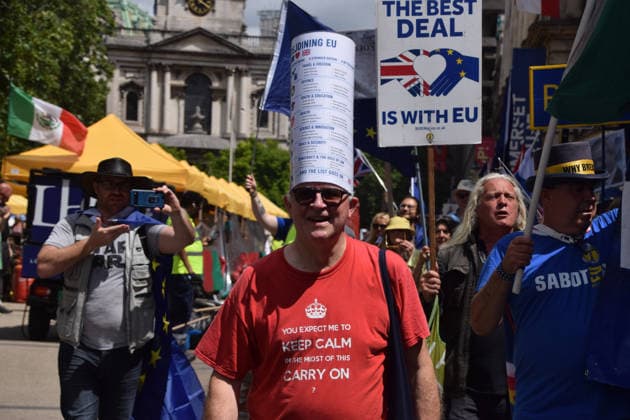June 20, 2026, London, England, United Kingdom: Protesters pass through Central London during the National Rejoin March, calling on the UK government to rejoin the European Union on the tenth anniversary of the Brexit referendum. London United Kingdom  - ZUMAv130 20260620_zip_v130_030 Copyright: xVukxValcicx