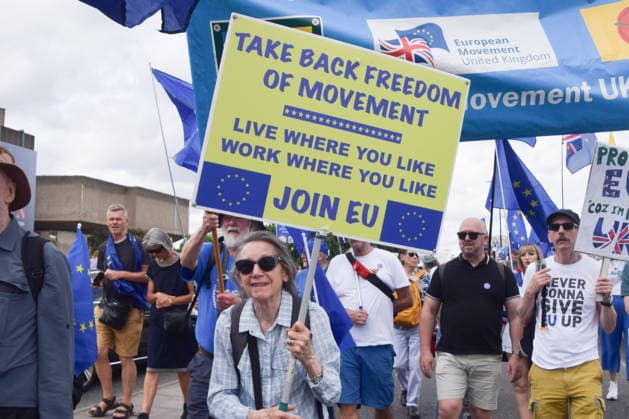 National Rejoin March on the tenth anniversary of the Brexit referendum in London, UK - 20 Jun 2026 A protester holds a Take back freedom of movement placard on Waterloo Bridge during the National Rejoin March, calling on the UK government to rejoin the European Union on the tenth anniversary of the Brexit referendum. London United Kingdom Copyright: xVukxValcicx xSOPAxImagesx VukValcicNationalRejoinMarch200626_60