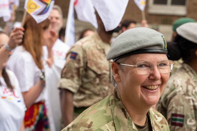 June 20, 2026, Essex, United Kingdom: A woman in military uniform and beret smiles during the Essex Pride. Essex Pride is a celebration of lesbian, gay, bisexual and transgender life in Essex and beyond, led by Cheryl Hole, also known as Cheryl the Queen. Essex United Kingdom  - ZUMAs197 20260620_aaa_s197_110 Copyright: xIanxDavidsonx