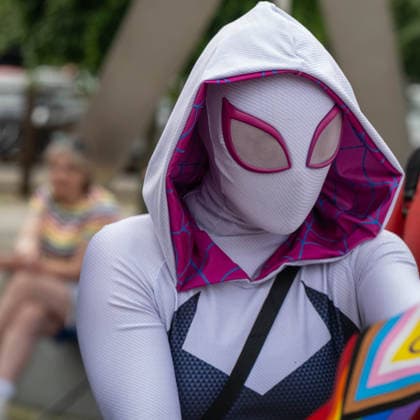 June 20, 2026, Essex, United Kingdom: A cosplayer wears a white and pink superhero-style costume with a hood and spider-web detailing during the Essex Pride. Essex Pride is a celebration of lesbian, gay, bisexual and transgender life in Essex and beyond, led by Cheryl Hole, also known as Cheryl the Queen. Essex United Kingdom - ZUMAs197 20260620_aaa_s197_101 Copyright: xIanxDavidsonx