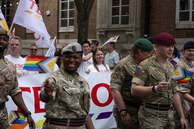 June 20, 2026, Essex, United Kingdom: Soldiers in military uniforms march with rainbow flags during the Essex Pride. Essex Pride is a celebration of lesbian, gay, bisexual and transgender life in Essex and beyond, led by Cheryl Hole, also known as Cheryl the Queen. Essex United Kingdom - ZUMAs197 20260620_aaa_s197_112 Copyright: xIanxDavidsonx