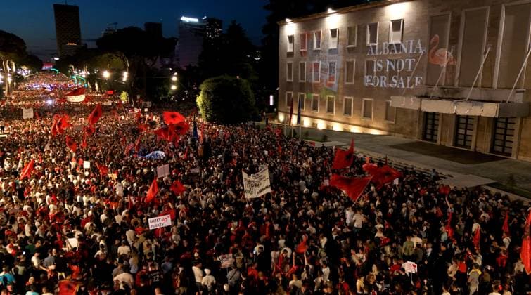 Protests against Zvernec tourism project continue in Tirana TIRANA, ALBANIA - JUNE 20: Demonstrators gather in Tirana to protest a planned tourism project in the Zvernec area of the coastal city of Vlora, as protests enter their 21st consecutive day in Albania on June 20, 2026. A large number of people took part in the rally held in the Albanian capital under the slogan Albania is not for sale, expressing opposition to the proposed development project in Zvernec. Olsi Shehu Anadolu Tirana Albania. Editorial use only. Please get in touch for any other usage.  Copyright: x2026xAnadoluxOlsixShehux