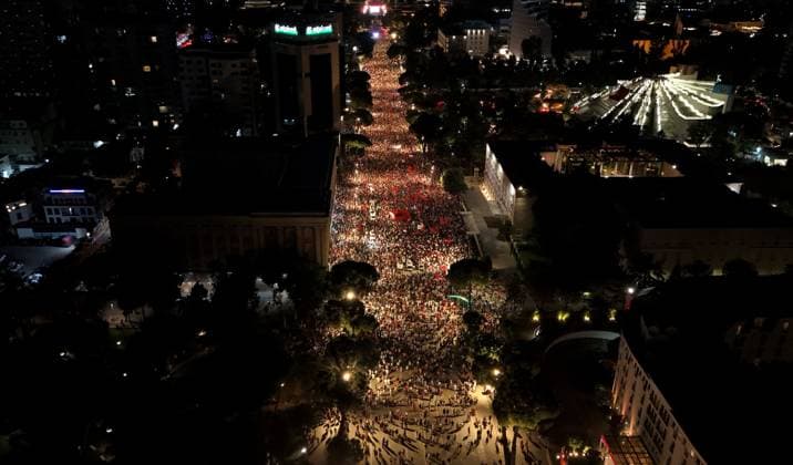 Protests against Zvernec tourism project continue in Tirana TIRANA, ALBANIA - JUNE 20: Demonstrators gather in Tirana to protest a planned tourism project in the Zvernec area of the coastal city of Vlora, as protests enter their 21st consecutive day in Albania on June 20, 2026. A large number of people took part in the rally held in the Albanian capital under the slogan Albania is not for sale, expressing opposition to the proposed development project in Zvernec. Olsi Shehu Anadolu Tirana Albania. Editorial use only. Please get in touch for any other usage.  Copyright: x2026xAnadoluxOlsixShehux