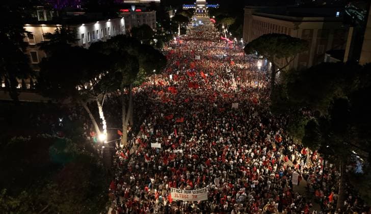 Protests against Zvernec tourism project continue in Tirana TIRANA, ALBANIA - JUNE 20: Demonstrators gather in Tirana to protest a planned tourism project in the Zvernec area of the coastal city of Vlora, as protests enter their 21st consecutive day in Albania on June 20, 2026. A large number of people took part in the rally held in the Albanian capital under the slogan Albania is not for sale, expressing opposition to the proposed development project in Zvernec. Olsi Shehu Anadolu Tirana Albania. Editorial use only. Please get in touch for any other usage.  Copyright: x2026xAnadoluxOlsixShehux