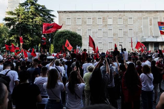 Thousands Gather in Tirana for Day 21 of Anti-Kushner Protests TIRANA, ALBANIA JUNE 20, 2026: Thousands of demonstrators gather in central Tirana during the twenty-first consecutive day of protests against a proposed luxury tourism development project linked to Jared Kushner. The rally drew one of the largest crowds since the movement began in late May, including members of the Albanian diaspora who traveled from across Europe and beyond to take part. Protesters marched through the capital carrying banners, placards, and Albanian flags while calling for the cancellation of the project and expressing concerns over its potential environmental impact on protected coastal areas. Tirana Albania Copyright: x xVlasovxSulajx xJNAxPressx