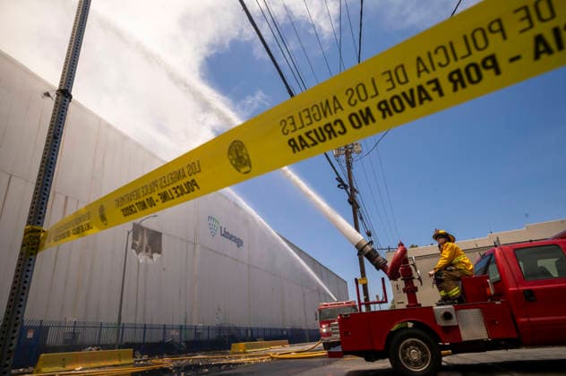 June 20, 2026, Los Angeles, California, USA: Fire crews work a warehouse fire in the Boyle Heights section of Los Angeles on Saturday , June 20, 2026. Mayor Los Angeles Mayor Karen Bass today issued a declaration of local emergency to mobilize additional resources for the city in the days ahead to address a large fire at a cold storage facility in Boyle Heights. Los Angeles USA - ZUMAc68_ 20260620_zaf_c68_007 Copyright: xRingoxChiux