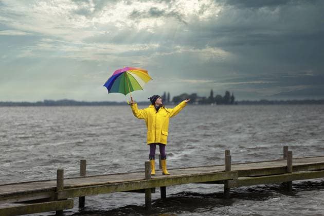 Junge Frau hält bei Wind und Sturm den Schirm fest in der Hand, Steinhude, Niedersachsen, Deutschland Young woman holding her umbrella firmly in her hand during wind and storm, Steinhude, Lower Saxony, Germany Copyright: imageBROKER KlausxRein ibxiqx17875469.jpg ,model released, Symbolfoto ,property released