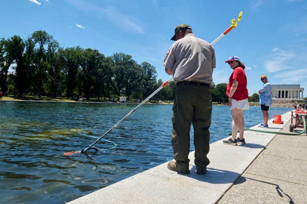 June 20, 2026, Washington Dc, Washington Dc, USA: National Park Service workers attempt to clean rapid algae growth from the Reflecting Pool on the National Mall in Washington D.C. ahead of the Freedom 250 and July 4th celebrations. June 20, 2026 Washington Dc USA - ZUMAg216 20260620_znp_g216_011 Copyright: xDominicxGwinnx