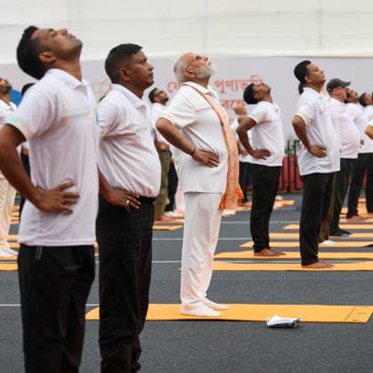 PM Modi takes part in 12th International Day of Yoga celebrations Kolkata, Jun 21 (ANI): Prime Minister Narendra Modi takes part in 12th International Day of Yoga celebrations, in Kolkata on Sunday. (DPR PMO ANI Photo) Kolkata West Bengal India Copyright: xANIx ANI_20260621021