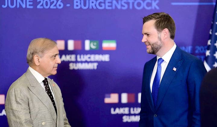 June 21, 2026, Peshawar, Peshawar, Pakistan: Prime Minister Shehbaz Sharif Meets U.S. Vice President J.D. Vance in Switzerland..Bürgenstock, Switzerland Muhammad Shehbaz Sharif meets J.D. Vance on the sidelines of high-level talks in Bürgenstock. The meeting focused on discussions regarding the implementation of the Islamabad Memorandum of Understanding and bilateral cooperation between Pakistan and the United States. Peshawar Pakistan  - ZUMAa217 20260621_znp_a217_004 Copyright: xHussainxAlix