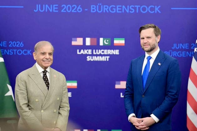 June 21, 2026, Peshawar, Peshawar, Pakistan: Prime Minister Shehbaz Sharif Meets U.S. Vice President J.D. Vance in Switzerland..Bürgenstock, Switzerland Muhammad Shehbaz Sharif meets J.D. Vance on the sidelines of high-level talks in Bürgenstock. The meeting focused on discussions regarding the implementation of the Islamabad Memorandum of Understanding and bilateral cooperation between Pakistan and the United States. Peshawar Pakistan - ZUMAa217 20260621_znp_a217_001 Copyright: xHussainxAlix