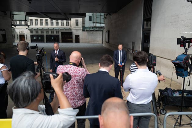 June 21, 2026, London, United Kingdom: (L-R) Business Secretary Peter Kyle and Shadow Chancellor of the Exchequer Mel Stride seen interviewed after their appearance with Laura Kuenssberg at BBC Broadcasting House. London United Kingdom - ZUMAs197 20260621_aaa_s197_017 Copyright: xPhilxLewisx