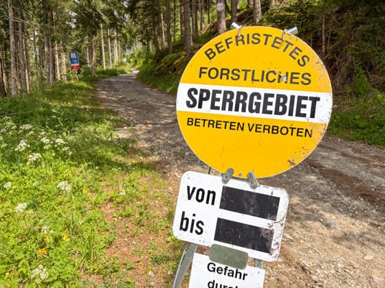 21.06.2026 Patscherkofel, Innsbruck, Tirol, Österreich Bild: Hinweisschild: befristetes forstliches Sperrgebiet, betreten verboten, Gefahr durch Waldarbeit, Wanderweg gesperrt wegen Forstarbeiten, Waldweg, Forstweg, Weg, Forst *** June 21, 2026 Patscherkofel, Innsbruck, Tyrol, Austria Photo