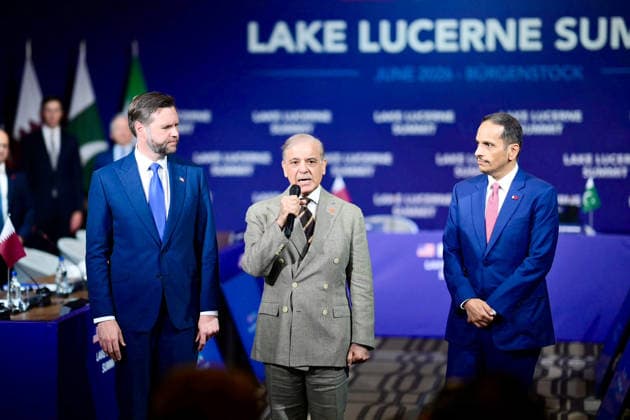 June 21, 2026, Peshawar, Peshawar, Pakistan: Prime Minister Shehbaz Sharif, U.S. Vice President J.D. Vance and Qatari Prime Minister Interact with Media Ahead of U.S.-Iran Talks..Bürgenstock, Switzerland, June 21, 2026 Muhammad Shehbaz Sharif, accompanied by J.D. Vance and Sheikh Mohammed bin Abdulrahman bin Jassim Al Thani, interacts with members of the media prior to the commencement of technical-level talks between the United States and Iran in Bürgenstock on June 21, 2026. The discussions, hosted by Pakistan as part of the implementation process of the Islamabad Memorandum of Understanding, are aimed at advancing diplomatic engagement and regional stability. Peshawar Pakistan  - ZUMAa217 20260621_znp_a217_008 Copyright: xHussainxAlix