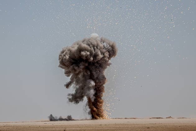 Syrian bomb disposal teams detonate YPG landmines near Ayn Issa RAQQA, SYRIA - JUNE 21: Smoke and flames rise from the area of the controlled explosion operated by bomb disposal teams affiliated with the Syrian Ministry of Defense, detonating landmines left behind by the YPG around the Ayn Issa district north of Raqqa, Syria on June 21, 2026. Abdulrhman El Ali Anadolu Raqqa Syria. Editorial use only. Please get in touch for any other usage.  Copyright: x2026xAnadoluxAbdulrhmanxElxAlix