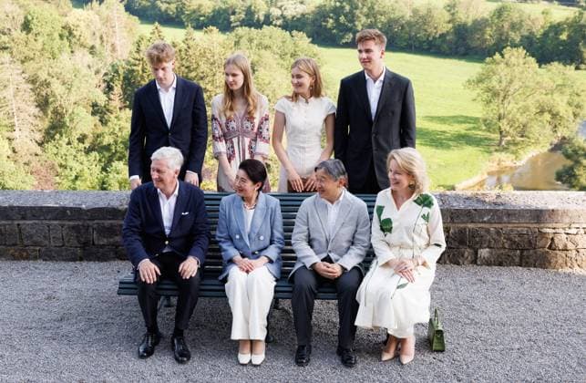 (First Row) King Philippe - Filip of Belgium, Japanese Empress Masako, Japanese Emperor Naruhito, Queen Mathilde of Belgium, (Second Row) Prince Emmanuel, Princess Eleonore, Crown Princess Elisabeth and Prince Gabriel pose for photographers during the family picture at the Royal Domain of Ciergnon during the official state visit of the Japanese Emperor and Empress to Belgium, on Sunday 21 June 2026, in Ciergnon. The Emperor and Empress of Japan visit Belgium from June 20-25.  POOLxBENOITxDOPPAGNE 178639117