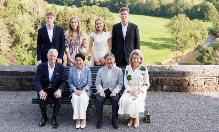 State Visit Of The Emperor And The Empress Of Japan to Belgium (First Row) King Philippe - Filip of Belgium, Japanese Empress Masako, Japanese Emperor Naruhito, Queen Mathilde of Belgium, (Second Row) Prince Emmanuel, Princess Eleonore, Crown Princess Elisabeth and Prince Gabriel pose for photographers during the family picture at the Royal Domain of Ciergnon during the official state visit of the Japanese Emperor and Empress to Belgium, on Sunday 21 June 2026, in Ciergnon. The Emperor and Empress of Japan visit Belgium from June 20-25. BELGA PHOTO POOL BENOIT DOPPAGNE Houyet Belgium  Copyright: xPoolxBenoitxDoppagnex