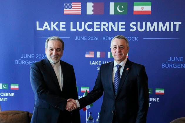 Switzerland Iran-US Talks June 2026 Iranian Foreign Minister Abbas Araghchi shakes hands with Swiss Foreign Minister Ignazio Cassis before a meeting at the Burgenstock resort in Obburgen, near Lucerne, Switzerland, on June 21, 2025. US and Iranian officials began direct talks in Switzerland after signing an initial agreement last week aimed at ending the war. Zurich Zurich Switzerland Copyright: xHamedxMalekpourx