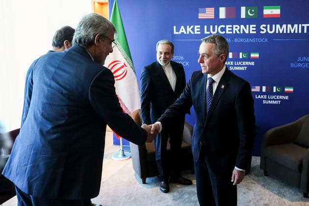 Switzerland Iran-US Talks June 2026 A member of the Iranian delegation shakes hands with a Swiss official during a meeting at the Burgenstock resort in Obburgen, near Lucerne, Switzerland, on June 21, 2025. US and Iranian officials began direct talks in Switzerland after signing an initial agreement last week aimed at ending the war. Zurich Zurich Switzerland Copyright: xHamedxMalekpourx