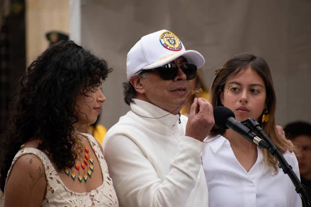 June 21, 2026, Bogota, Bogota D.C, Colombia: Colombian president Petro casts his vote showing support for the ruling party candidate Ivan Cepeda and speaks to the media during the runoff round of elections in Colombia, June 21, 2026, Colombia faces tebse election between a far right lawyer and a senator of the ruling party. Bogota Colombia - ZUMAvp1_ 20260621_zia_vp1_002 Copyright: xLuisaxBorjaxLunax