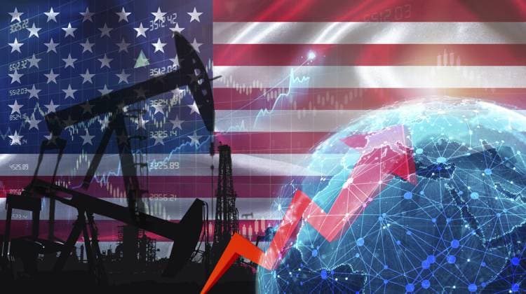Globales Ölwachstum mit amerikanischer Flagge. Internationale Ölexporte mit der Flagge der Vereinigten Staaten auf der Wirtschaftskarte Global oil growth with American flag. International oil exports with United States flag on the economic chart Copyright: imageBROKER EverxStock ibxiih18105557.jpg