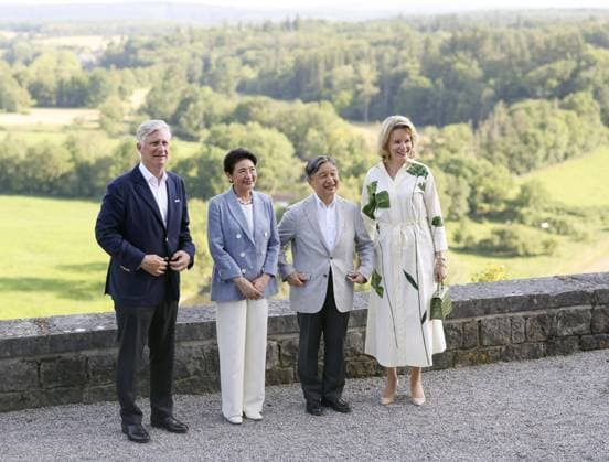 Japan emperor, empress in Belgium Japan s Emperor Naruhito (2nd from R) and Empress Masako (2nd from L) pose for a photo with Belgium s King Philippe and Queen Mathilde at the Royal Castle of Ciergnon in Houyet, southern Belgium, a residence and summer retreat of the Belgian royal family, on June 21, 2026. (Pool photo)  A14AA0005619785P