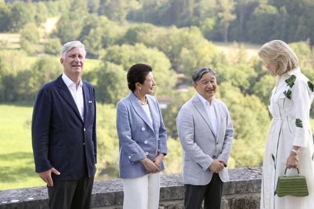 Japan emperor, empress in Belgium Japan s Emperor Naruhito (2nd from R) and Empress Masako (2nd from L) chat with Belgium s King Philippe and Queen Mathilde at the Royal Castle of Ciergnon in Houyet, southern Belgium, a residence and summer retreat of the Belgian royal family, on June 21, 2026. (Pool photo)  A14AA0005619788P