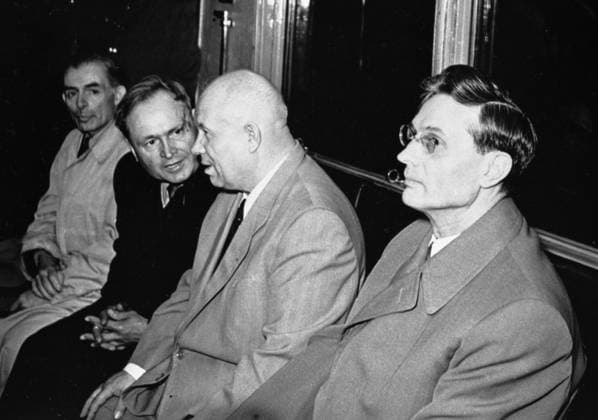 SUSLOV KHRUSHCHEV GUBANKOV 8541 01.04.1957 From right to left: Mikhail Suslov, Nikita Khrushchev and the underground railway construction chief Nikolai Gubankov in a metro van Sputnik Moscow Russia  Copyright: xx