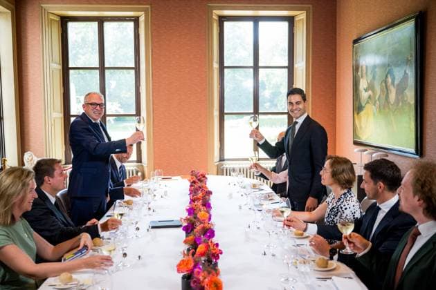 Flemish Minister-President Matthias Diependaele and Netherlands Prime Minister Rob Jetten pictured during a diplomatic meeting in The Hague, the Netherlands on Monday 22 June 2026. The Flemish Minister President is meeting the Dutch Prime Minister to discuss the harbors, economic competitiveness and energy.  JASPERxJACOBS 178731355