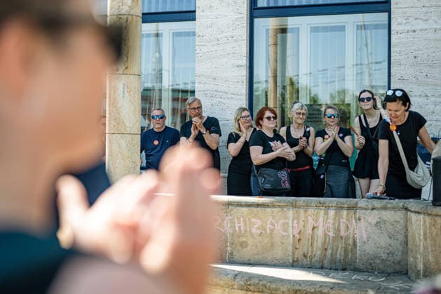 A one-day warning strike by employees of Czech Television and Czech Radio over planned changes to the funding of public media, in Hradec Kralove, Czech Republic, on June 22, 2026. Protesters in front of the Czech Radio Hradec Kralove building. (CTKxPhoto DavidxTanecek) CTKPhotoP2026062204419  CTKPhotoP2026062204419