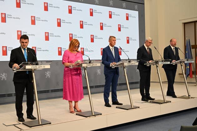 A press conference following the government meeting at which the composition of the Czech delegation to the July NATO summit in Ankara, in Prague, Czech Republic, on June 22, 2026. From left: Czech Foreign Affairs Minister Petr Macinka (Motorists), Finance Minister Alena Schillerova (ANO), Prime Minister Andrej Babis (ANO), Minister of Industry and Trade Karel Havlicek (ANO), and Minister of Justice Jeronym Tejc (for ANO). (CTKxPhoto KaterinaxSulova) CTKPhotoP2026062205462  CTKPhotoP2026062205462