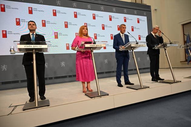 A press conference following the government meeting at which the composition of the Czech delegation to the July NATO summit in Ankara, in Prague, Czech Republic, on June 22, 2026. From left: Czech Foreign Affairs Minister Petr Macinka (Motorists), Finance Minister Alena Schillerova (ANO), Prime Minister Andrej Babis (ANO), and Minister of Industry and Trade Karel Havlicek (ANO). (CTKxPhoto KaterinaxSulova) CTKPhotoP2026062205487  CTKPhotoP2026062205487