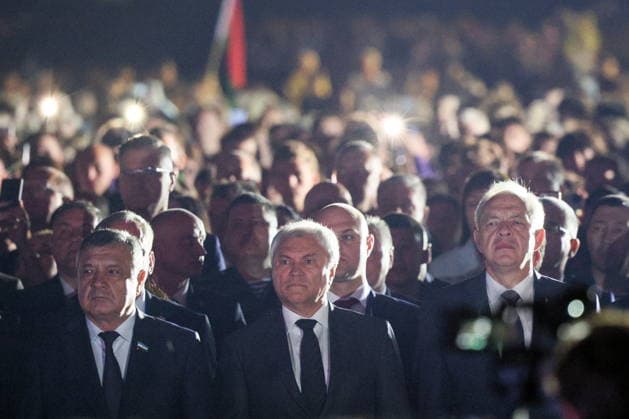 BELARUS, BREST - JUNE 22, 2026: Russian State Duma Speaker Vyacheslav Volodin (C) and Belarusian House of Representatives Speaker Igor Sergeyenko (R) attend a memorial rally at the Courage Monument in the Brest Fortress marking the 85th anniversary of the Nazi German Invasion of the Soviet Union in World War II. Maxim Malinovsky TASS  94129564
